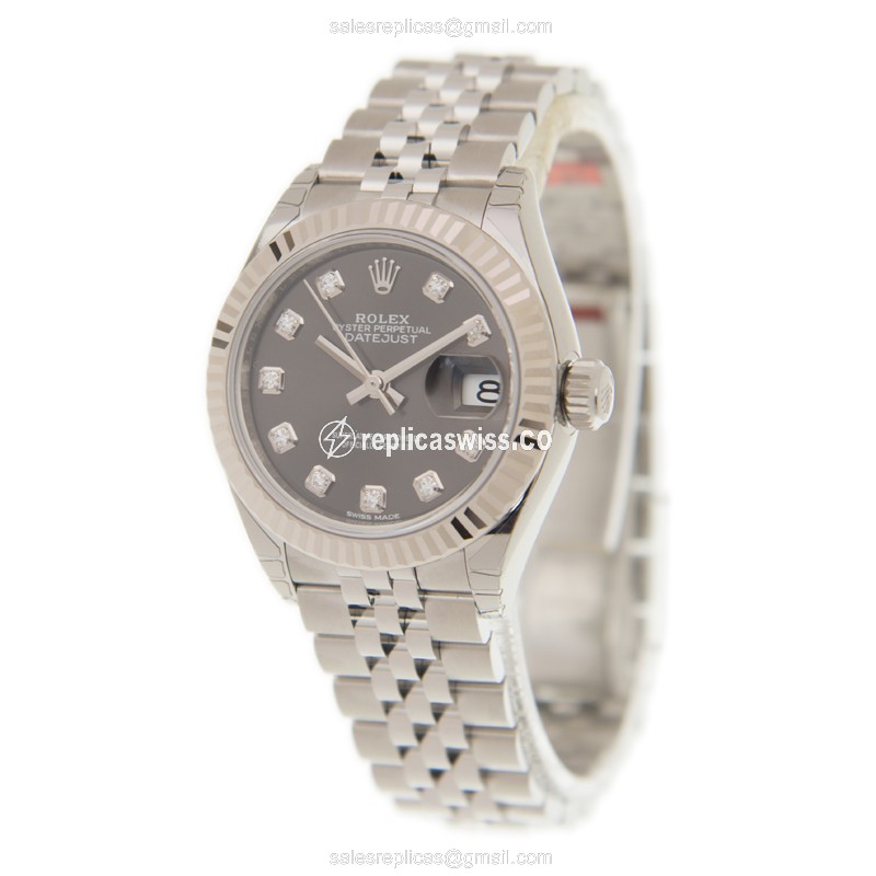 Rolex Lady Datejust Replica - Automatic - 18kt White Gold & Steel - Dark Grey Dial - Silver Steel Strap - View 3