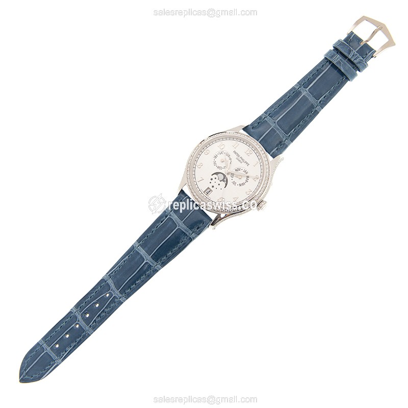 Patek Philippe 4947G-010 Replica - Automatic - 18kt White Gold - Diamond - White Dial - Blue Alligator Strap - View 2