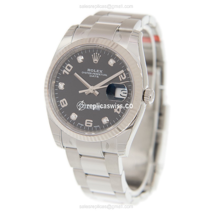 Rolex Datejust Replica | Automatic | 18kt White Gold | Black Dial | Silver Clasp & Steel Strap - View 3
