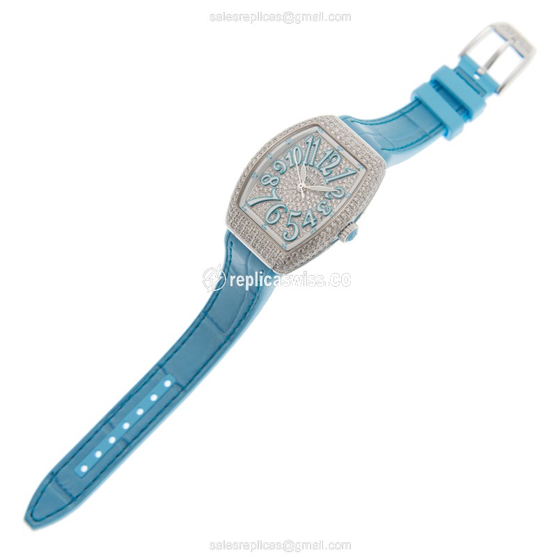 Franck Muller V 29 SC AT FO D CD Vanguard - Automatic - Diamond Case - Silver Dial, Blue Alligator Strap - View 2