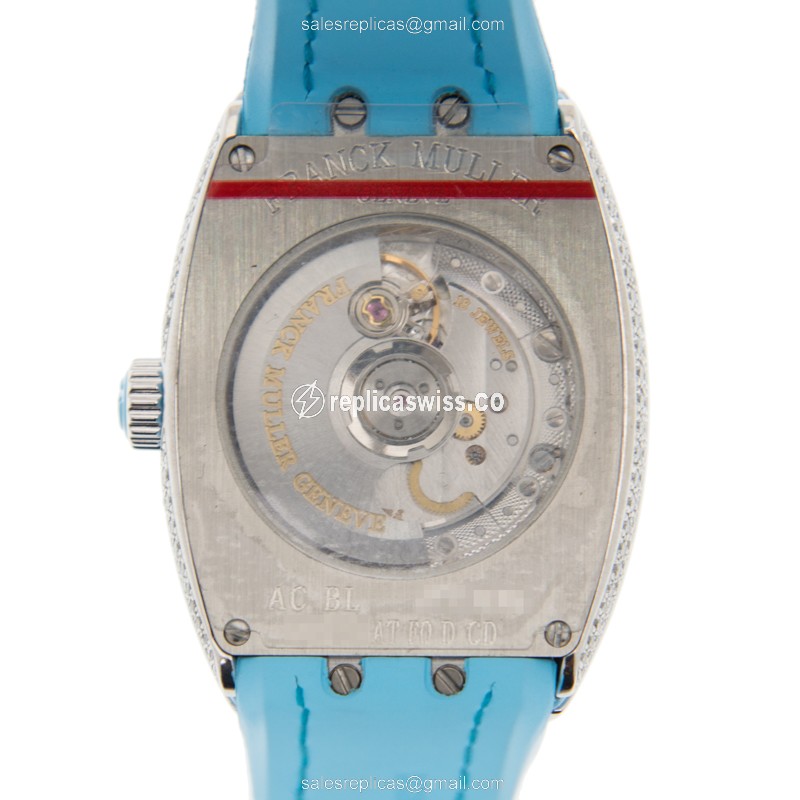 Franck Muller V 29 SC AT FO D CD Vanguard - Automatic - Diamond Case - Silver Dial, Blue Alligator Strap - View 3