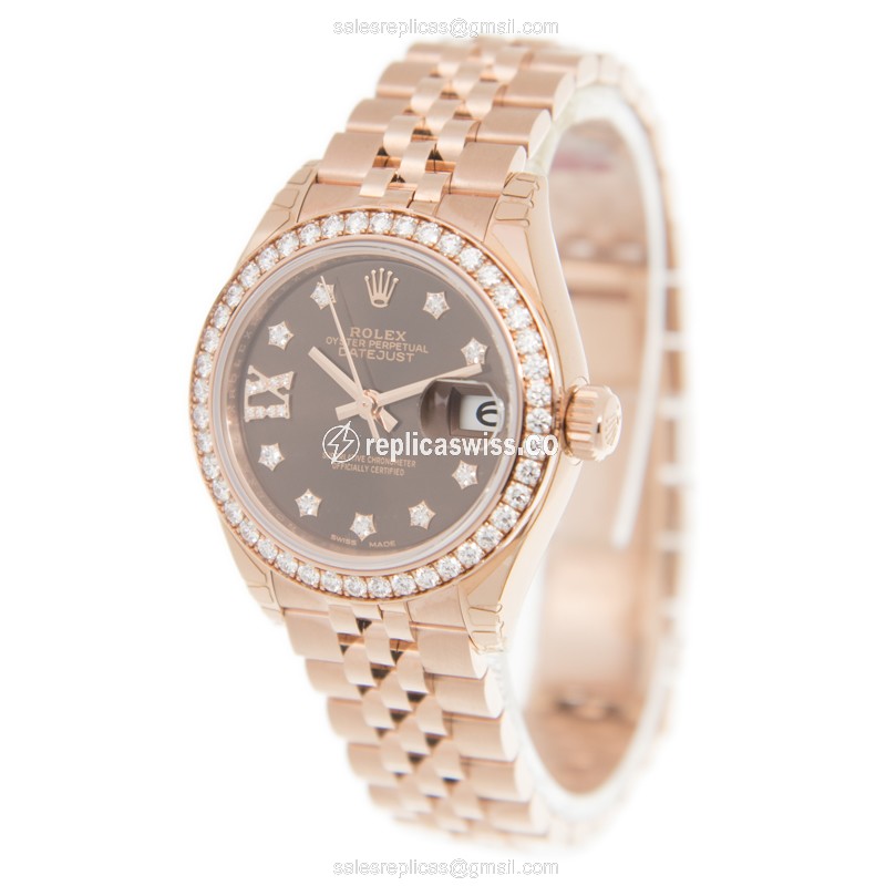 Rolex Lady Datejust Replica - Automatic 18kt Gold - Brown Dial - Gold Strap - View 3