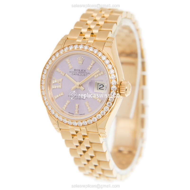 Rolex Lady Datejust Replica - Automatic - 18kt Gold Case, Purple Dial on Gold Strap - View 3