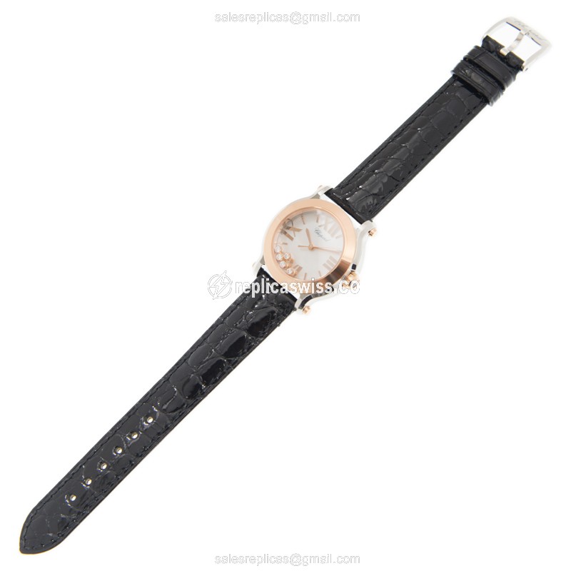 Chopard Happy Sport Replica - Quartz - 18kt Rose Gold - White Dial - Black Alligator Strap - View 2