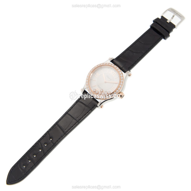 Chopard Happy Sport Replica - Automatic - Rose Gold Case - Diamonds - Silver Dial - Black Alligator Strap - View 2