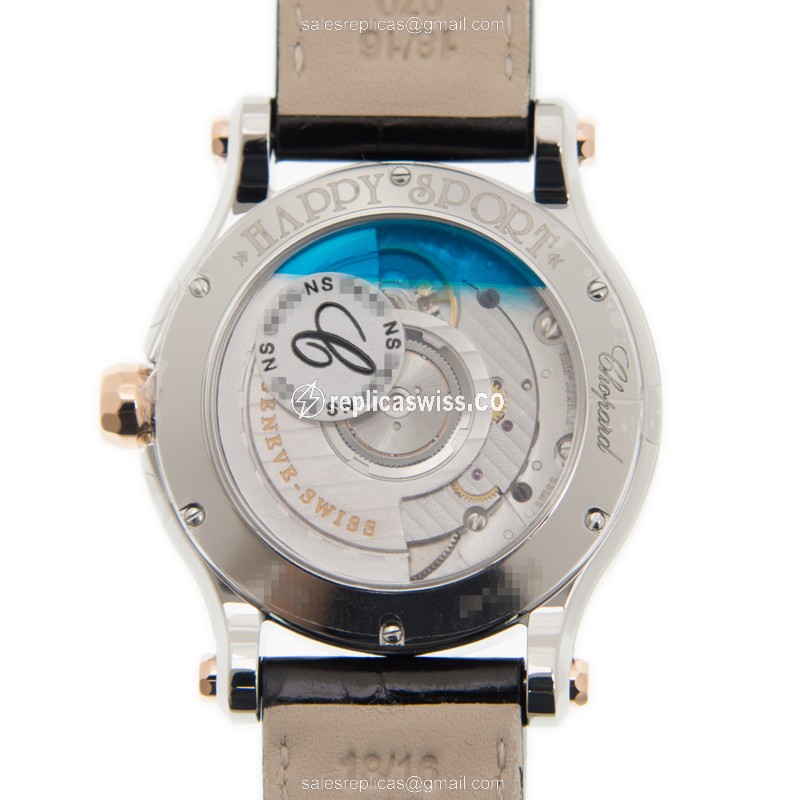 Chopard Happy Sport Replica - Automatic - Rose Gold Case - Diamonds - Silver Dial - Black Alligator Strap - View 3