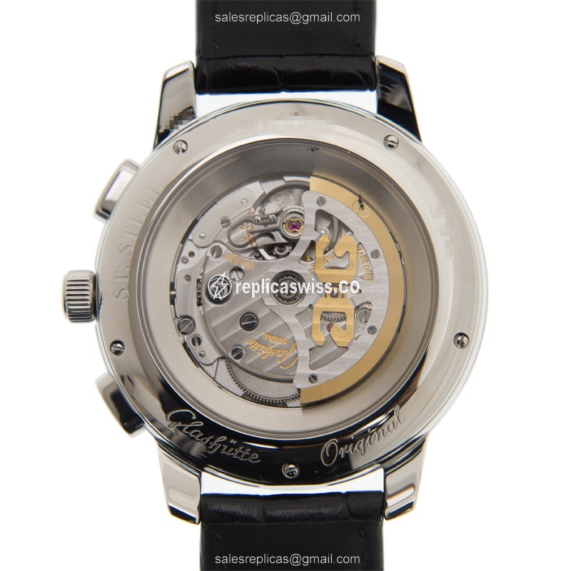 Glashutte Senator Skeletonized Automatic - Steel Case - Silver Dial - Black Alligator Strap - View 3