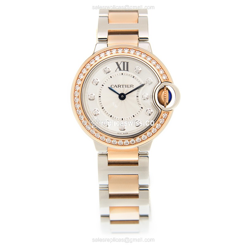 Cartier Ballon Bleu Quartz Replica - 18kt Rose Gold Case - Diamonds - Silver Dial - Gold Strap - View 2