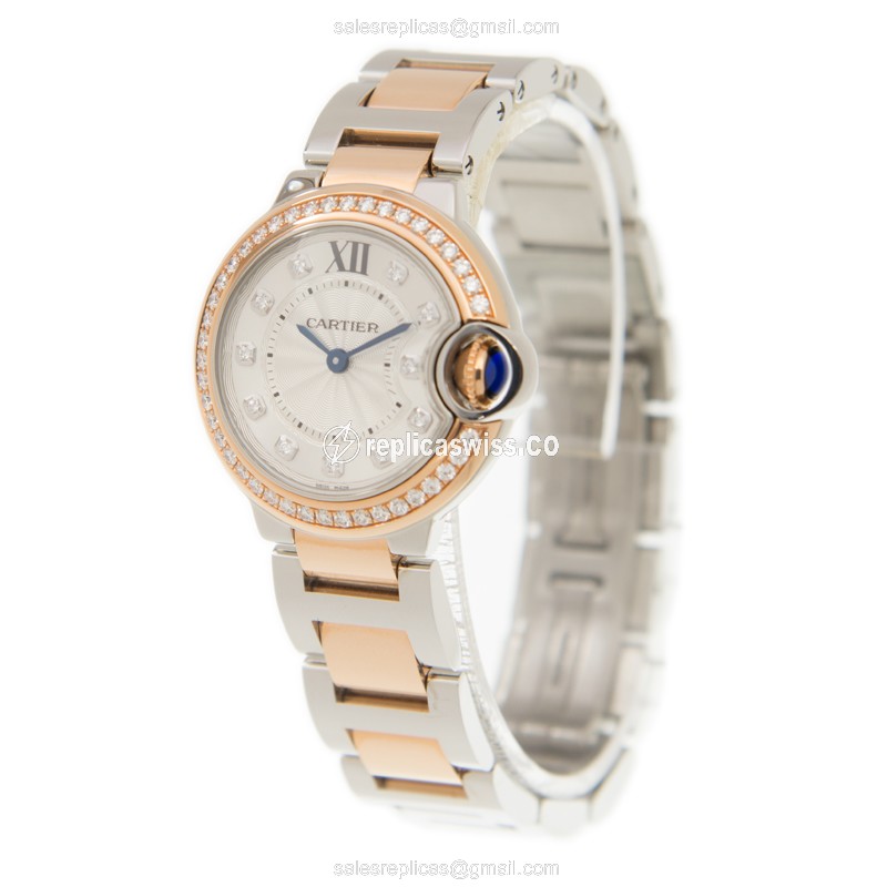 Cartier Ballon Bleu Quartz Replica - 18kt Rose Gold Case - Diamonds - Silver Dial - Gold Strap - View 3
