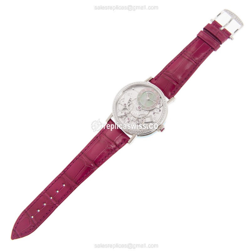 Breguet 7038BB/1T/9V6/D00D Replica - Automatic - White Gold - Diamond Dial - Silver - Red Alligator Buckle - View 2