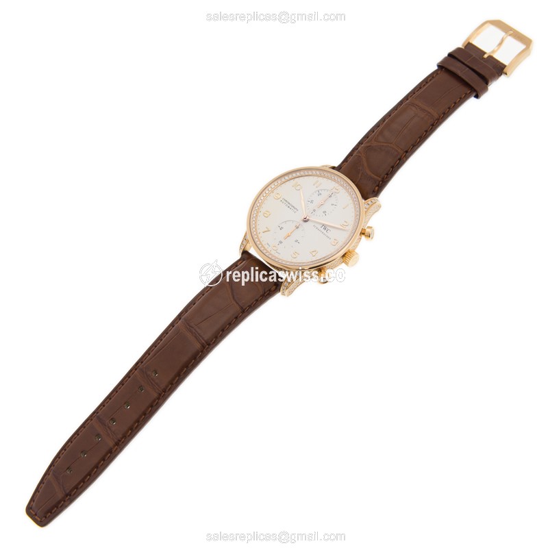 IWC Portuguese Replica - Automatic - 18kt Rose Gold - Diamonds - White Dial - Brown Alligator Strap - View 2