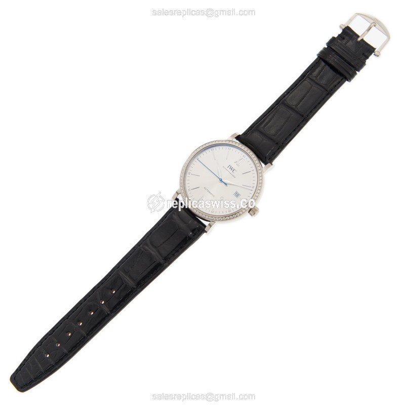 IWC Portofino Replica - Automatic - 18kt White Gold - Diamond Accents - Silver Dial - Alligator Black Strap - View 2