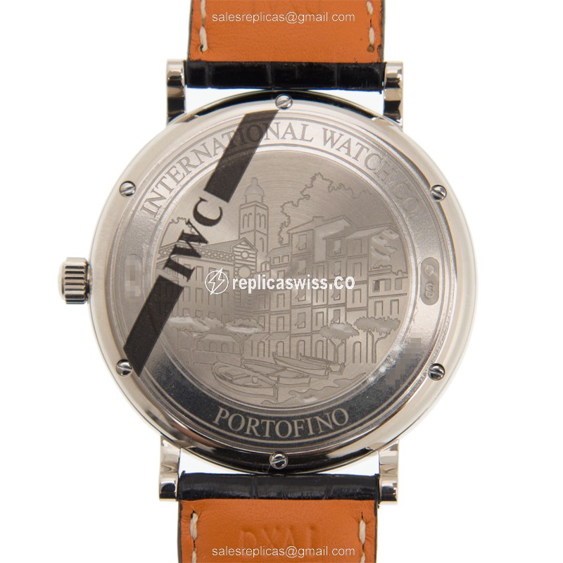 IWC Portofino Replica - Automatic - 18kt White Gold - Diamond Accents - Silver Dial - Alligator Black Strap - View 3