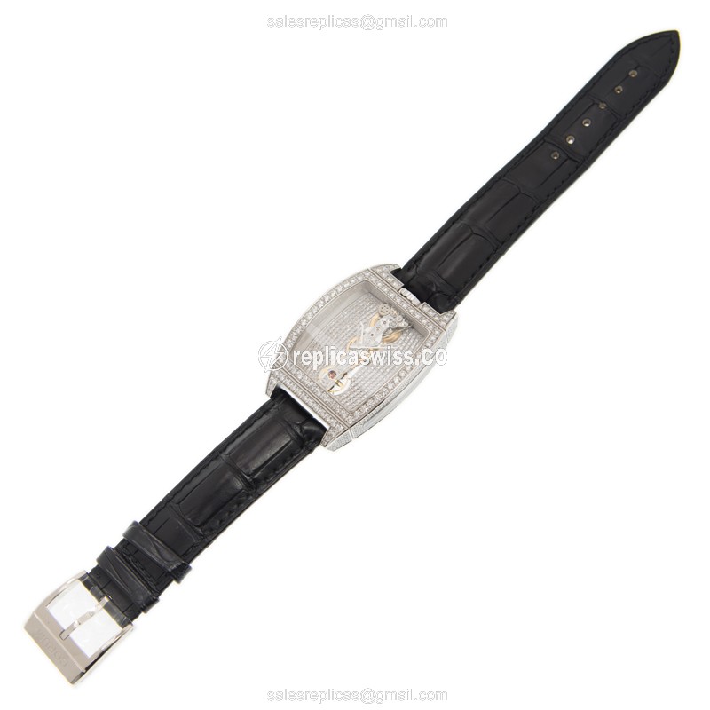 Corum Bridge Replica - Manual Wind - 18kt White Gold - Diamond - Silver Dial - Black Alligator Strap - View 2