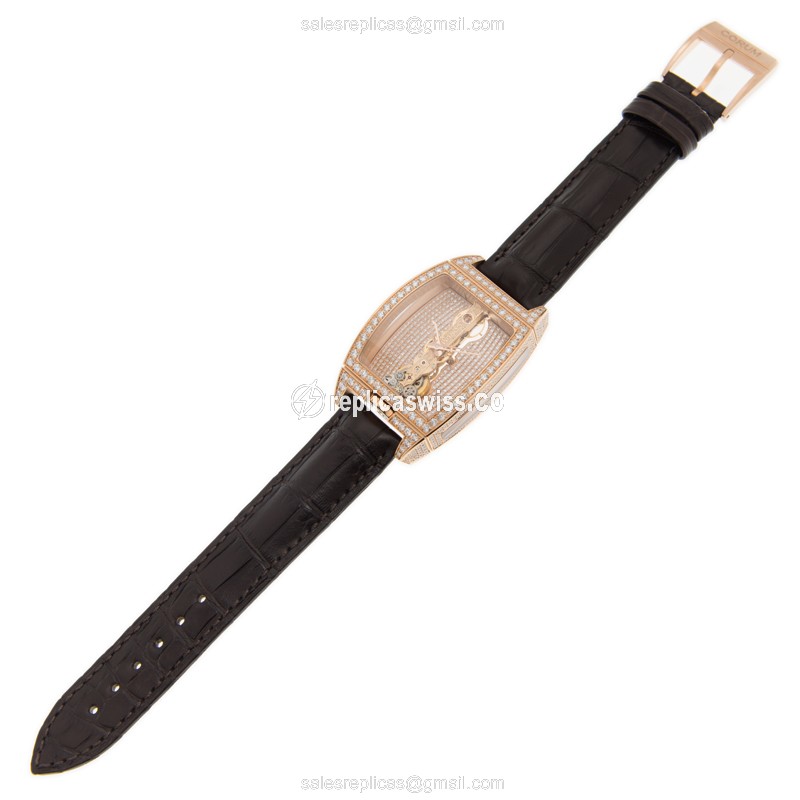 Corum Bridge Replica - Manual Wind - 18kt Rose Gold - Diamonds - Gold Dial - Alligator Black Buckle - View 2