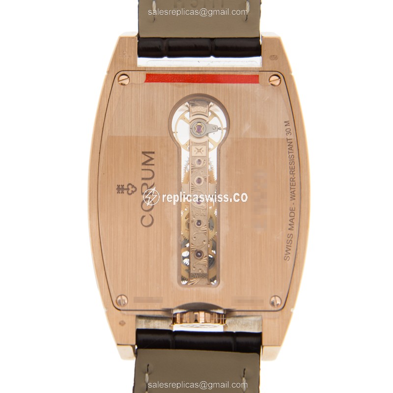 Corum Bridge Replica - Manual Wind - 18kt Rose Gold - Diamonds - Gold Dial - Alligator Black Buckle - View 3