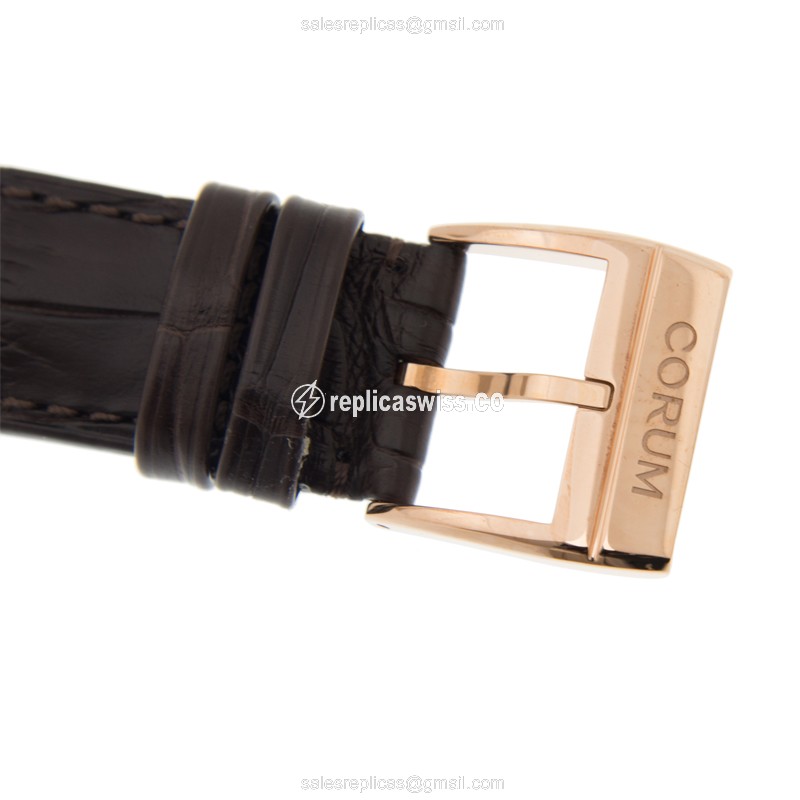 Corum Bridge Replica - Manual Wind - 18kt Rose Gold - Diamonds - Gold Dial - Alligator Black Buckle - View 4