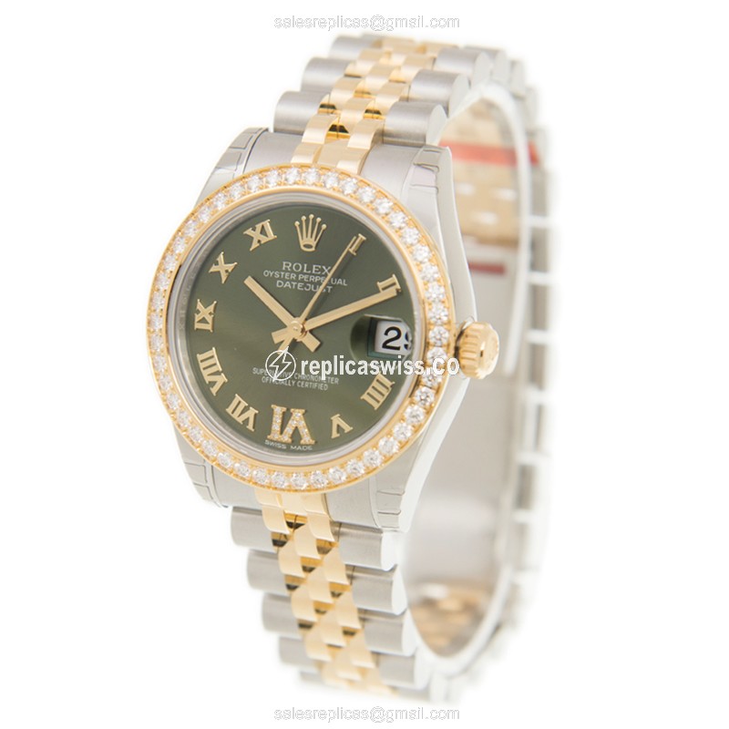 Rolex Datejust Lady Replica - 18kt Gold & Diamond - Automatic - Green Dial, Gold Strap - View 3