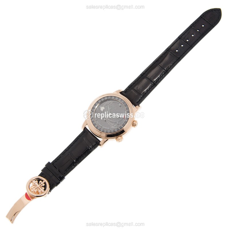 Patek Philippe 6102R-001 Grand Complications Replica - Automatic - 18kt Rose Gold - Black Dial on Black Alligator Strap - View 2