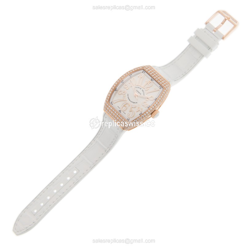 Franck Muller V32 SC AT FO D 18kt Rose Gold & Diamond Auto White Dial Buckle Alligator White - View 2