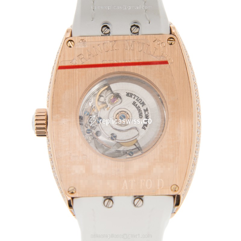 Franck Muller V32 SC AT FO D 18kt Rose Gold & Diamond Auto White Dial Buckle Alligator White - View 3
