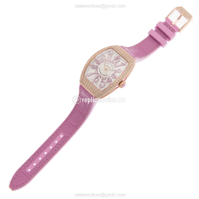 Franck Muller V32 SC AT FO D - Automatic - 18kt Rose Gold - Diamond - White Dial - Pink Alligator Strap - View 2