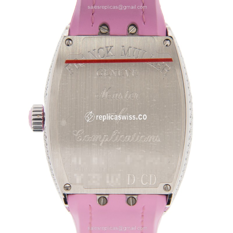Franck Muller Vanguard Quartz - Silver Dial, Diamonds - Buckle Clasp, Pink Alligator Strap - View 3