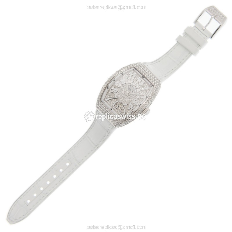 Franck Muller V32QZ DCD Vanguard Quartz - White Dial - Diamond Case - Leather White Strap - View 2