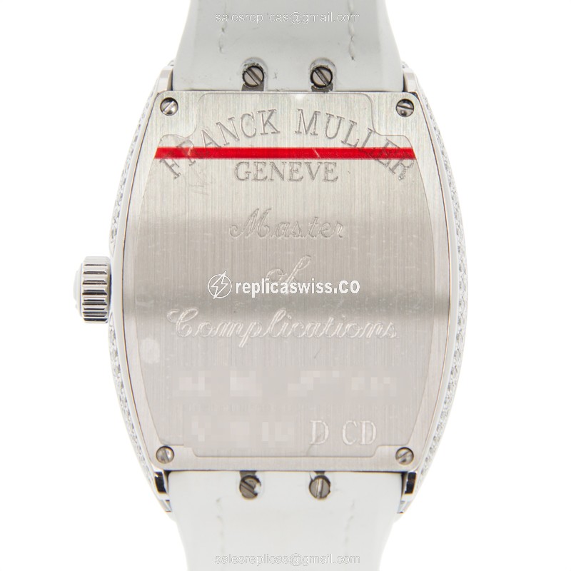 Franck Muller V32QZ DCD Vanguard Quartz - White Dial - Diamond Case - Leather White Strap - View 3