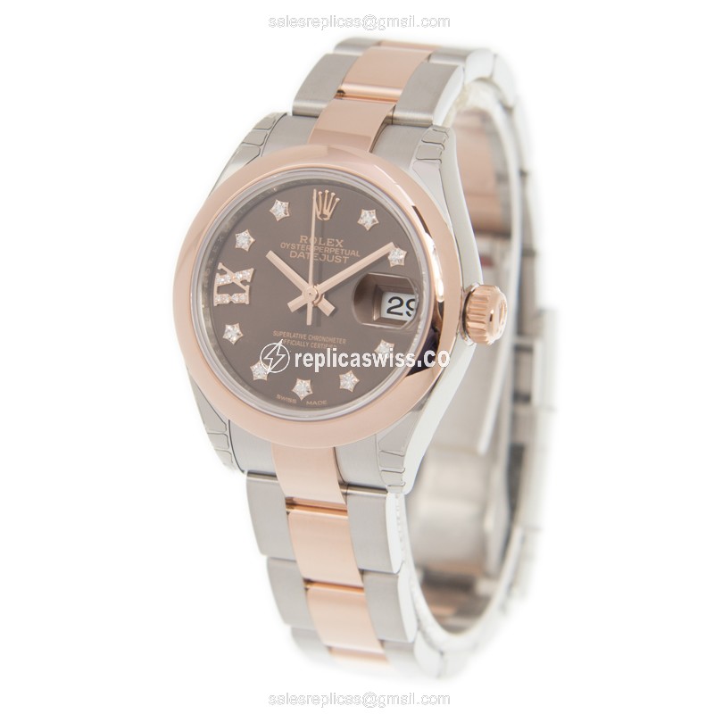 Rolex Datejust Replica - Automatic - 18kt Rose Gold & Steel Case - Brown Dial on Yellow Steel Strap - View 3