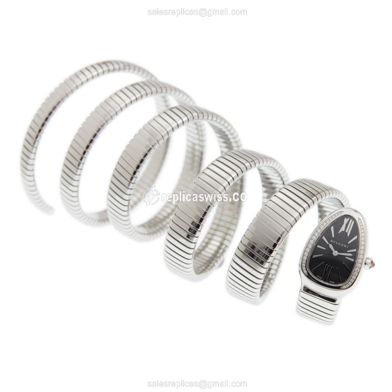 Bulgari Serpenti Quartz - Black Dial - Steel Case - Silver Bangle Clasp - View 2