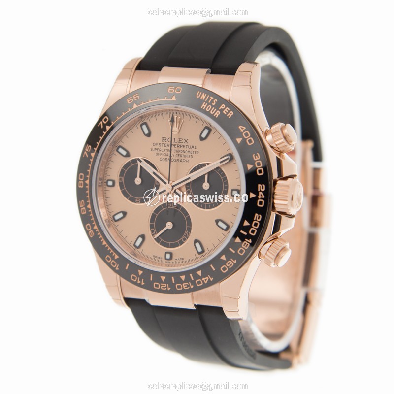 Rolex Daytona Replica - 18kt Gold - Pink Dial - Automatic - Black Rubber Clasp - View 3