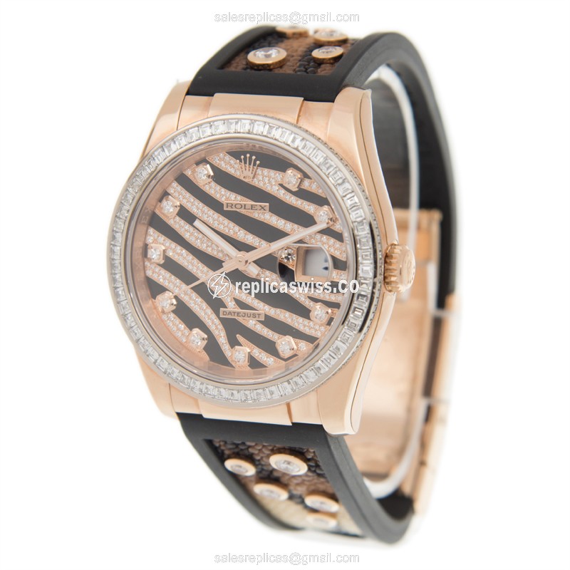 Rolex Datejust Replica - Automatic - 18kt Rose Gold Case - Black Dial on Black Rubber Strap - View 3
