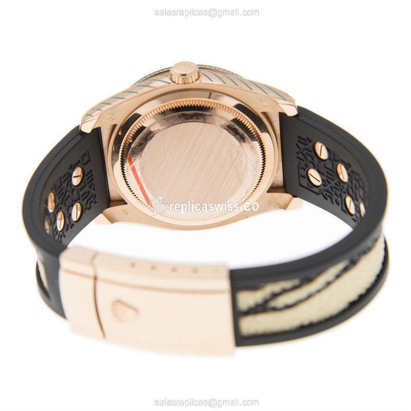 Rolex Datejust Replica - Automatic - 18kt Rose Gold Case - Black Dial on Black Rubber Strap - View 4