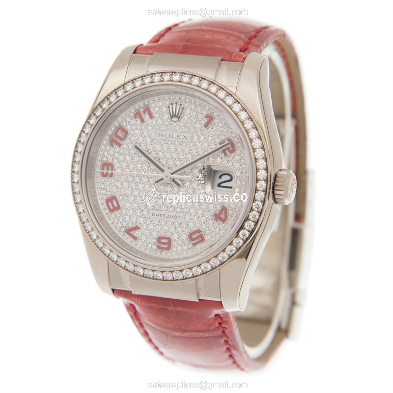 Rolex Lady Datejust Replica - 18kt White Gold - Diamond Case - Silver Dial - Automatic - Red Alligator Strap - View 3