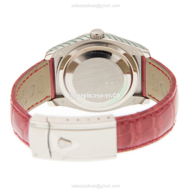 Rolex Lady Datejust Replica - 18kt White Gold - Diamond Case - Silver Dial - Automatic - Red Alligator Strap - View 4