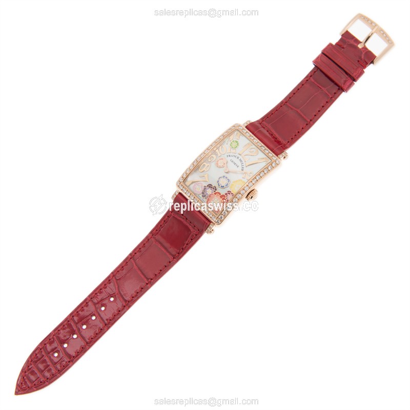 Franck Muller 952 QZ REL MOP BC D 1R COL DRM 18kt Rose Gold Diamond White Dial Buckle Red Alligator Strap Replica Watch - View 2