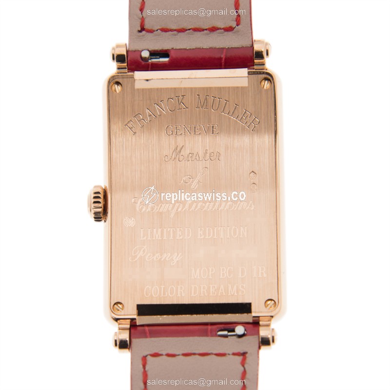 Franck Muller 952 QZ REL MOP BC D 1R COL DRM 18kt Rose Gold Diamond White Dial Buckle Red Alligator Strap Replica Watch - View 3