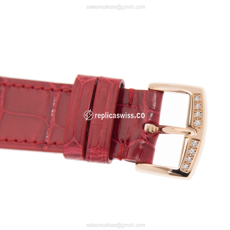 Franck Muller 952 QZ REL MOP BC D 1R COL DRM 18kt Rose Gold Diamond White Dial Buckle Red Alligator Strap Replica Watch - View 4