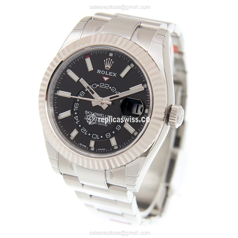 Rolex Sky-Dweller Replica - Automatic - 18kt White Gold & Steel - Black Dial - Silver Steel Strap - View 3