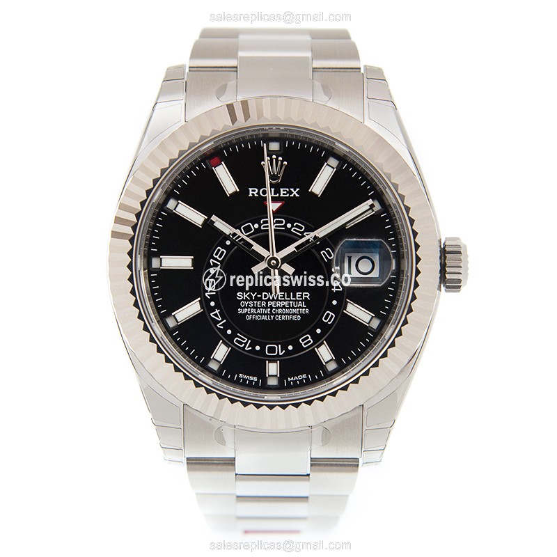 Rolex Sky-Dweller Replica - Automatic - 18kt White Gold & Steel - Black Dial - Silver Steel Strap - View 2