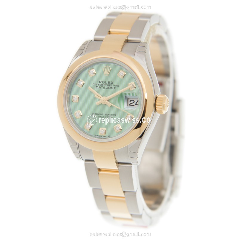 Rolex Lady Datejust Replica - Automatic - 18kt Gold & Steel - Green Dial, Gold Clasp - View 3