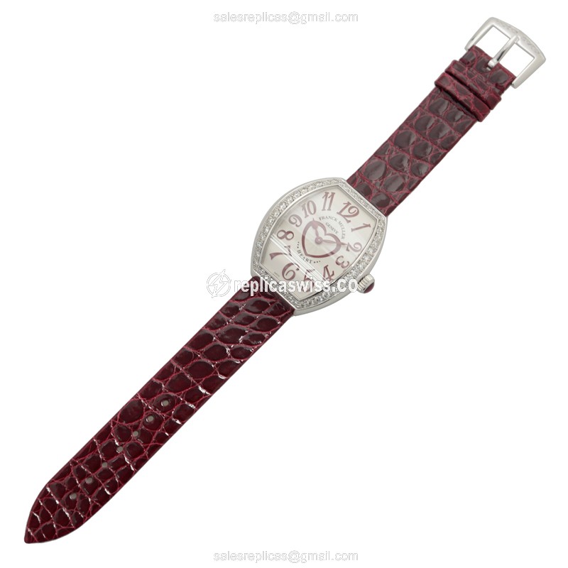 Franck Muller 5002 M QZ C D 1R HEART - Quartz - Diamond Case - Silver Dial - Red Alligator Buckle - View 2
