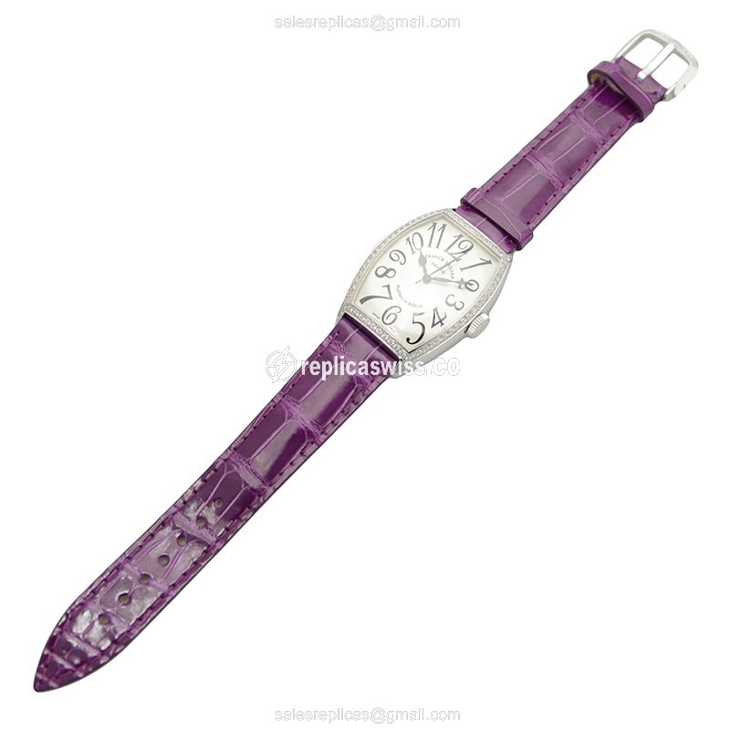 Franck Muller Master Comp Replica - Auto - Stainless & Diamonds - Silver Dial - Purple Alligator - View 2
