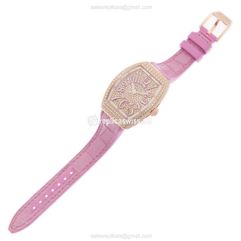 Franck Muller V29SCATFODCD Vanguard Auto 18kt Rose Gold Diamonds - Gold Dial - Alligator Purple Buckle - View 2