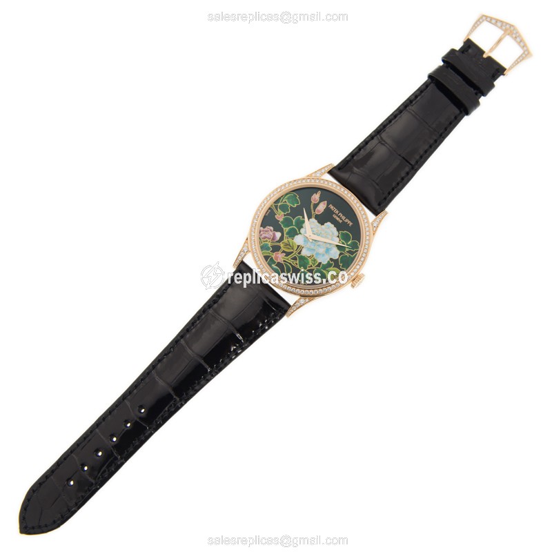 Patek Philippe 5077/100R-027 Replica - Automatic - 18kt Rose Gold - Diamond Case - Black Dial on Black Alligator Strap - View 2