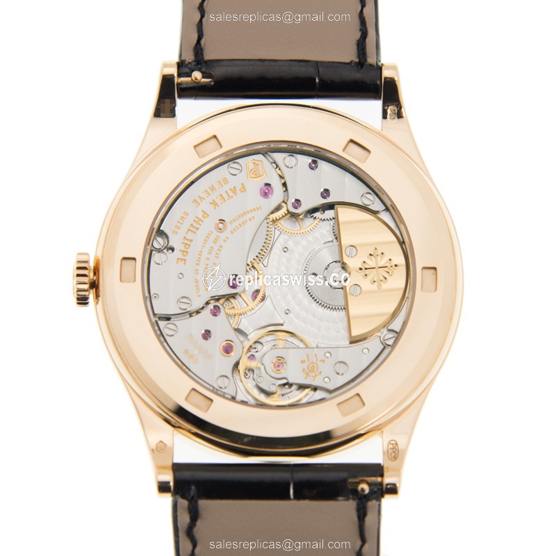 Patek Philippe 5077/100R-027 Replica - Automatic - 18kt Rose Gold - Diamond Case - Black Dial on Black Alligator Strap - View 3