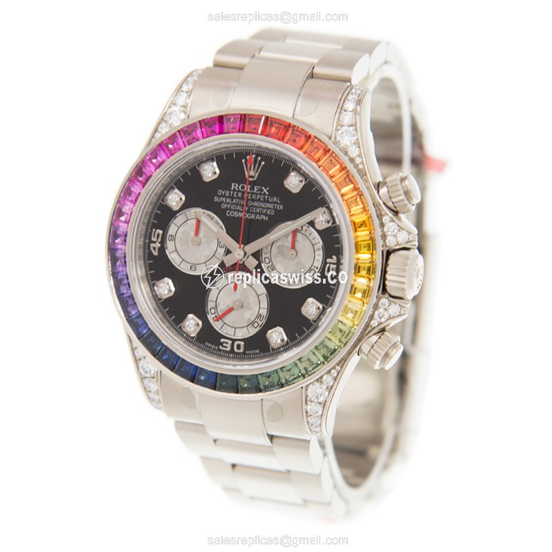 Rolex Daytona Replica - 18kt White Gold - Diamond Case - Black Dial - Automatic - Silver Clasp - View 3