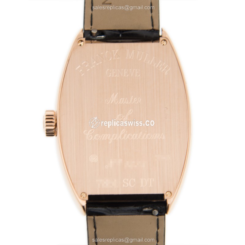 Franck Muller 7851 SC DT Replica - Automatic 18kt Rose Gold - White Dial on Black Alligator Strap - View 3