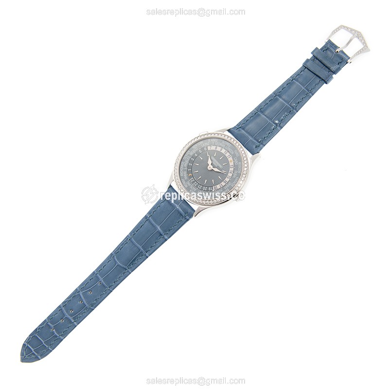 Patek Philippe 7130G-014 Replica - Automatic - 18kt White Gold - Blue Dial - Diamond Bezel - Alligator Blue Strap - View 2